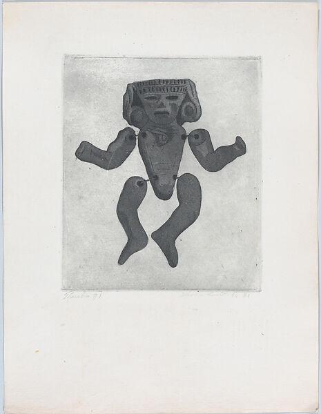 A pre-hispanic articulated doll, from "Titeres Populares Mexicanos" (Mexican popular puppets), Lola Cueto  Mexican, Aquatint, proof impression printed in black