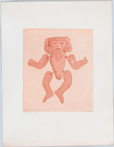 A pre-hispanic articulated doll, from "Titeres Populares Mexicanos" (Mexican popular puppets), Lola Cueto (Mexican, 1897–1978), Aquatint, proof impression printed in terracotta (final state) 