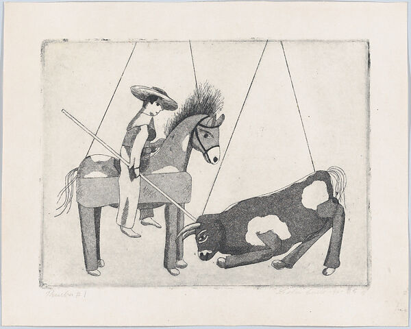 A Picador and a Bull, from "Titeres Populares Mexicanos" (Mexican popular puppets), Lola Cueto (Mexican, 1897–1978), Etching and aquatint, proof impression, first state, partly aquatinted 