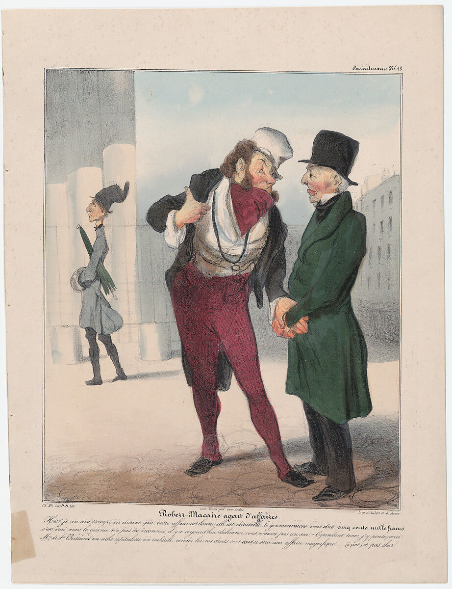 Plate 13: Robert Macaire, business agent, from 'Caricaturana,' published in Les Robert Macaires, Honoré Daumier (French, Marseilles 1808–1879 Valmondois), Color lithograph on wove paper; third state of four (Delteil) 
