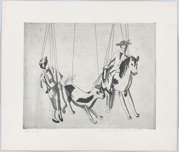 Toreadores and a Bull, from "Titeres Populares Mexicanos" (Mexican popular puppets), Lola Cueto (Mexican, 1897–1978), Etching and aquatint, proof impression of first state 