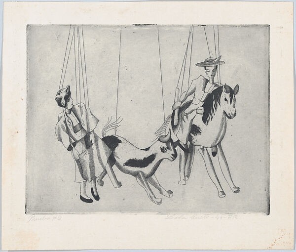 Toreadores and a Bull, from "Titeres Populares Mexicanos" (Mexican popular puppets), Lola Cueto (Mexican, 1897–1978), Etching and aquatint, proof impression of second state 