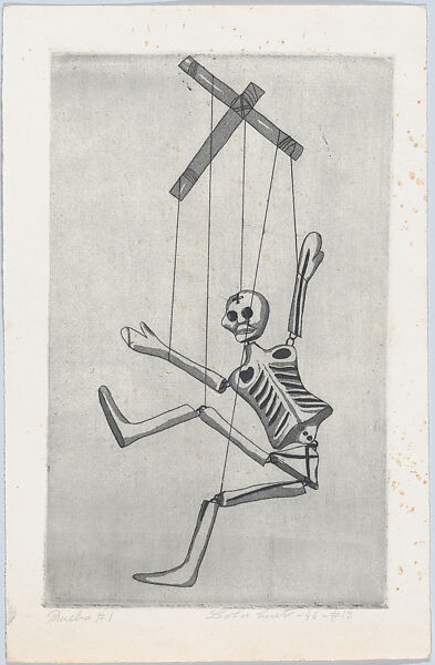 Skeleton, from "Titeres Populares Mexicanos" (Mexican popular puppets), Lola Cueto (Mexican, 1897–1978), Etching and aquatint, proof impression before burnishing aquatint 