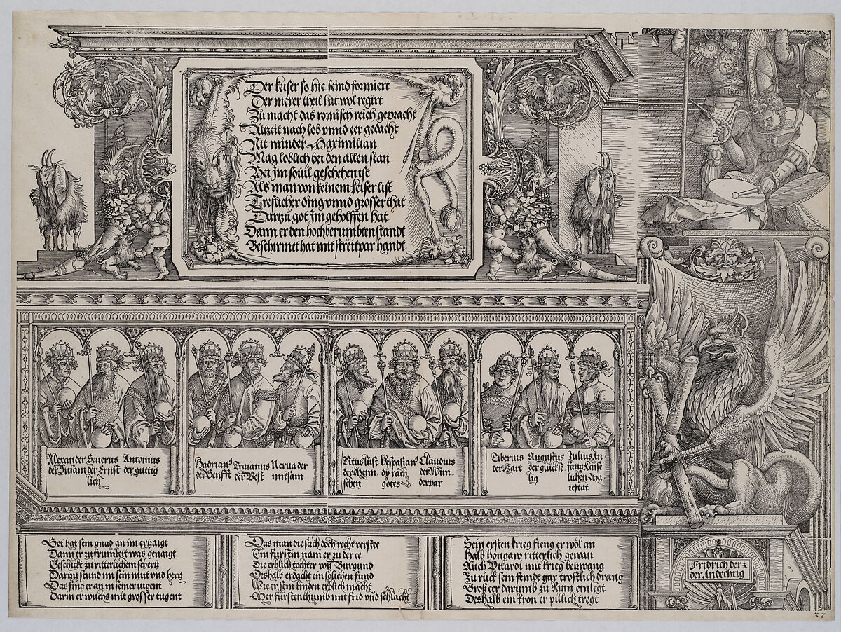 The Upper Section of the Left Portal, with the Inscription on a Lion Skin; a Frieze with Busts of Roman Emperors; and  Entablature of the Columns, from the Arch of Honor, proof, dated 1515, printed 1517-18, Hans Springinklee (German, ca. 1495–after 1522), Woodcut; proof 