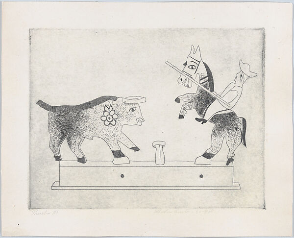 Picador and a Bull, from "Titeres Populares Mexicanos" (Mexican popular puppets), Lola Cueto (Mexican, 1897–1978), Etching, proof impression before aquatint 