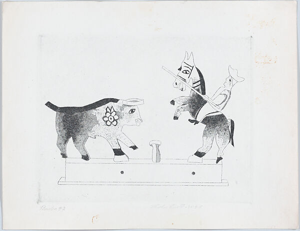 Picador and a Bull, from "Titeres Populares Mexicanos" (Mexican popular puppets), Lola Cueto (Mexican, 1897–1978), Etching and aquatint, proof 