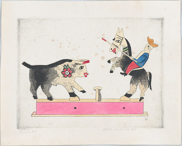 Picador and a Bull, from "Titeres Populares Mexicanos" (Mexican popular puppets), Lola Cueto (Mexican, 1897–1978), Etching and aquatint, proof impression with hand coloring 