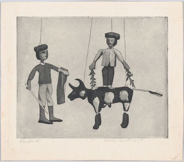 Bullfighters and a Bull, from "Titeres Populares Mexicanos" (Mexican popular puppets), Lola Cueto (Mexican, 1897–1978), Etching and aquatint, proof 