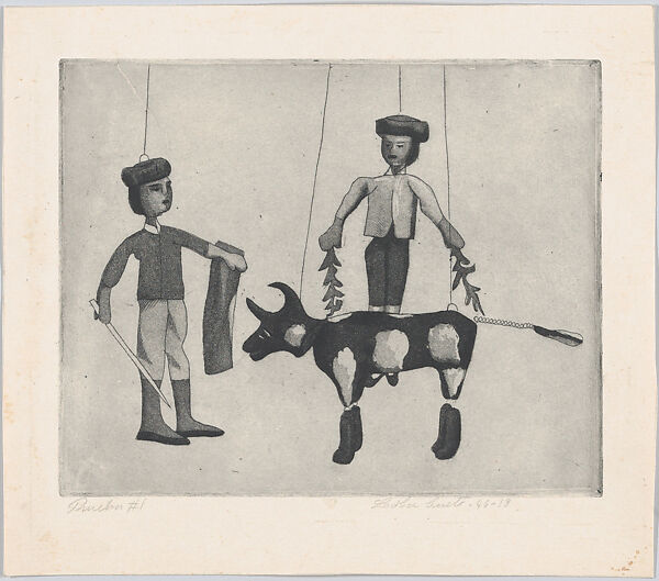 Bullfighters and a Bull, from "Titeres Populares Mexicanos" (Mexican popular puppets), Lola Cueto (Mexican, 1897–1978), Etching and aquatint, proof 