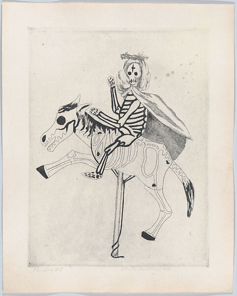 Death riding a horse, from "Titeres Populares Mexicanos" (Mexican popular puppets), Lola Cueto (Mexican, 1897–1978), Etching and aquatint, proof 