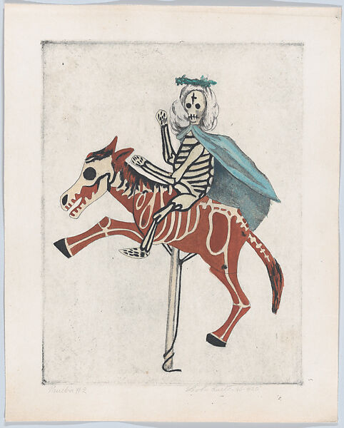Death riding a horse, from "Titeres Populares Mexicanos" (Mexican popular puppets), from 'Titeres Populares Mexicanos' (Mexican popular puppets), Lola Cueto (Mexican, 1897–1978), Etching and aquatint, proof impression printed in color 
