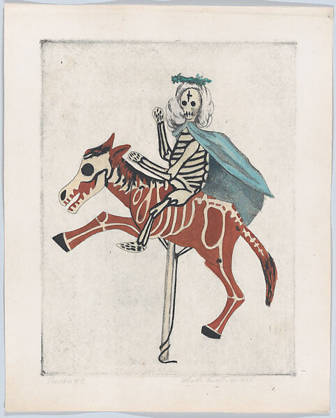 Death riding a horse, from "Titeres Populares Mexicanos" (Mexican popular puppets), from 'Titeres Populares Mexicanos' (Mexican popular puppets), Lola Cueto  Mexican, Etching and aquatint, proof impression printed in color