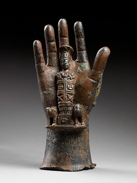 Votive hand with Mercury Heliopolitanus, Bronze, gilding