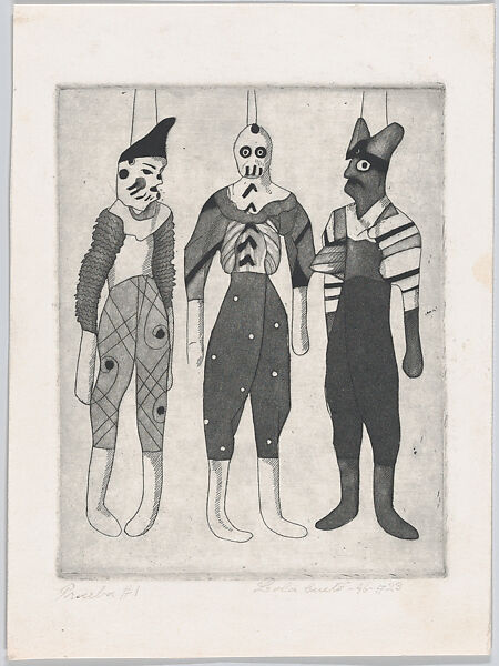 A Clown, Death, and the Devil, from "Titeres Populares Mexicanos" (Mexican popular puppets), Lola Cueto (Mexican, 1897–1978), Etching and aquatint, proof 