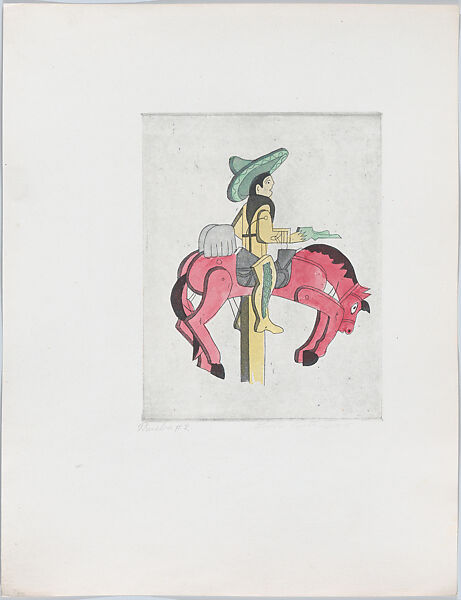 Horseman, from "Titeres Populares Mexicanos" (Mexican popular puppets), Lola Cueto  Mexican, Etching and aquatint, proof impression with hand colouring