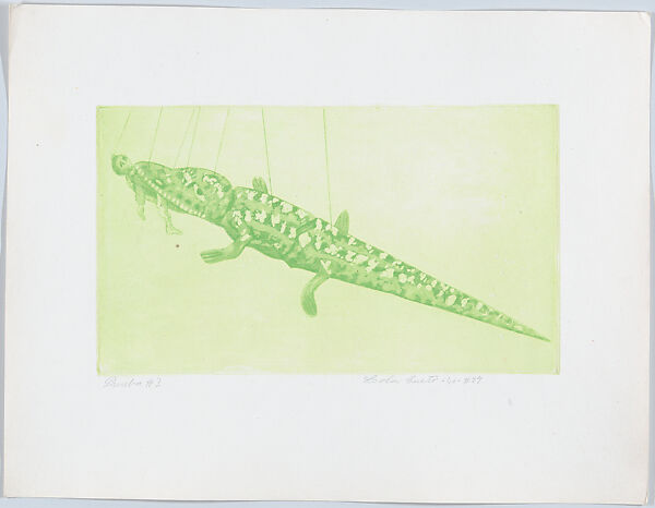 Crocodile, from "Titeres Populares Mexicanos" (Mexican popular puppets), Lola Cueto (Mexican, 1897–1978), Etching and aquatint, proof impression printed in soft green 