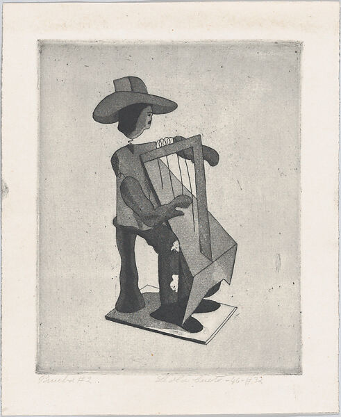 A harpist (harp player), from "Titeres Populares Mexicanos" (Mexican popular puppets), Lola Cueto (Mexican, 1897–1978), Etching and aquatint, proof 