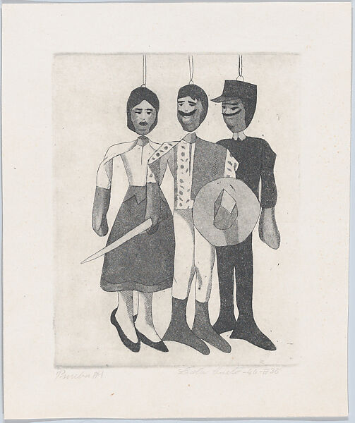 Girl, truant and a policeman, from "Titeres Populares Mexicanos" (Mexican popular puppets), Lola Cueto (Mexican, 1897–1978), Etching and aquatint, proof 
