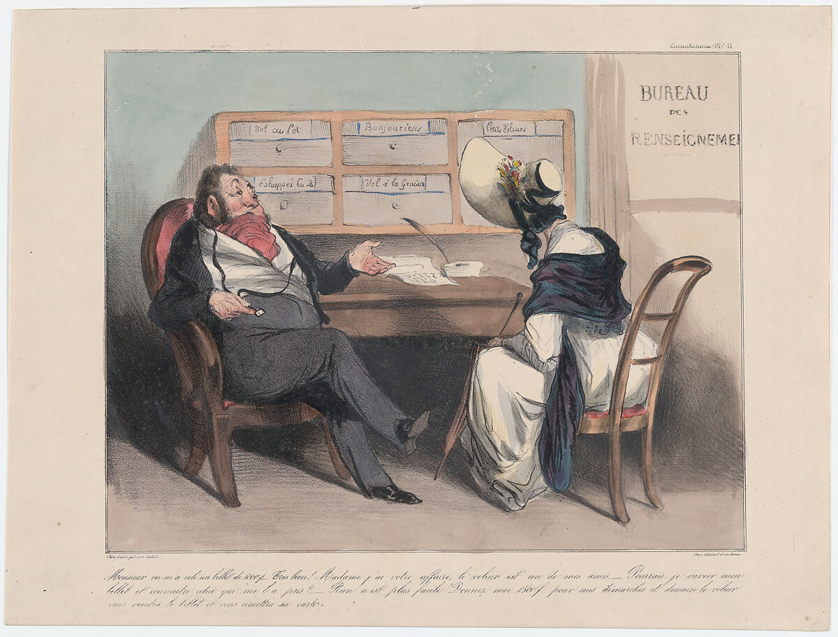 Plate 11: Someone stole a thousand franc note from me, Monsieur..., from 'Caricaturana,' published in Les Robert Macaires, Honoré Daumier (French, Marseilles 1808–1879 Valmondois), Color lithograph on wove paper; second state of two (Delteil) 