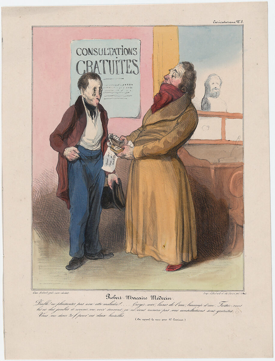 Plate 8: Robert Macaire, doctor,  from 'Caricaturana,' published in Les Robert Macaires, Honoré Daumier (French, Marseilles 1808–1879 Valmondois), Color lithograph on wove paper; second state of three (Delteil) 