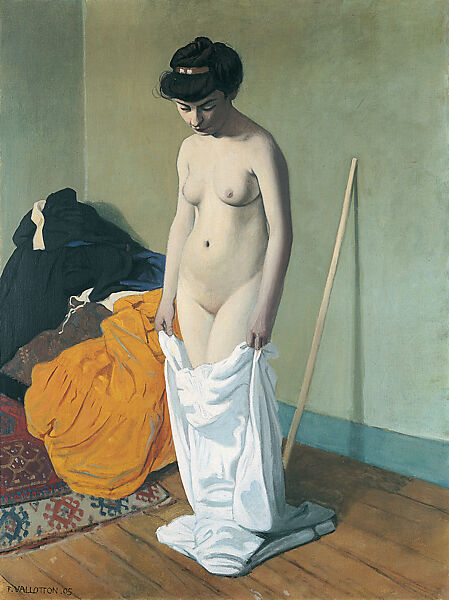 Naked Woman Holding Her Shirt with Both Hands (Femme nue retenant sa chemis à deux mains), Félix Vallotton (Swiss, Lausanne 1865–1925 Paris), Oil on canvas 