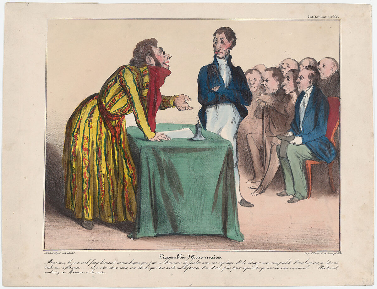 Plate 6: Stockholders' assembly, from 'Caricaturana,' published in Les Robert Macaires, Honoré Daumier (French, Marseilles 1808–1879 Valmondois), Color lithograph on wove paper; second state of two (Delteil) 