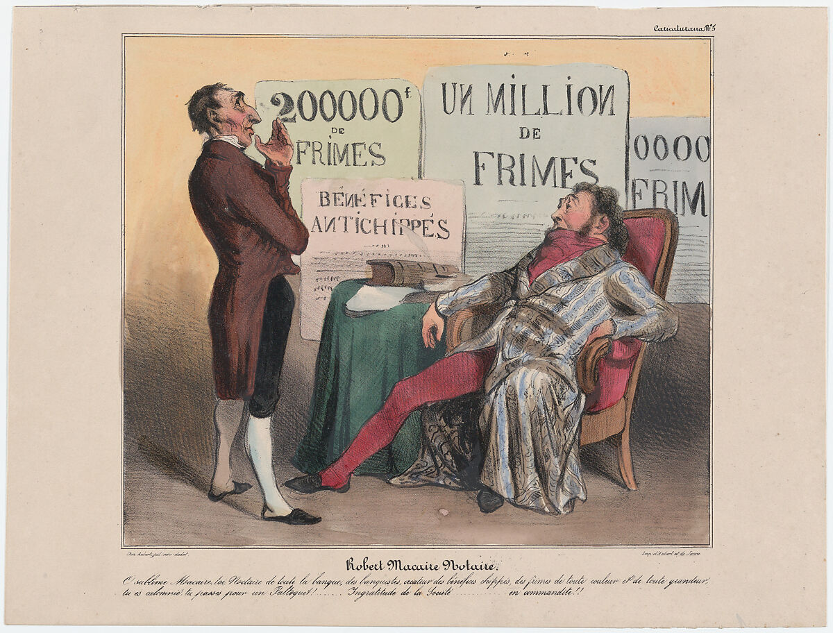 Plate 5: Robert Macaire as notary public, from 'Caricaturana,' published in Les Robert Macaires, Honoré Daumier (French, Marseilles 1808–1879 Valmondois), Color lithograph on wove paper; third state of three (Delteil) 