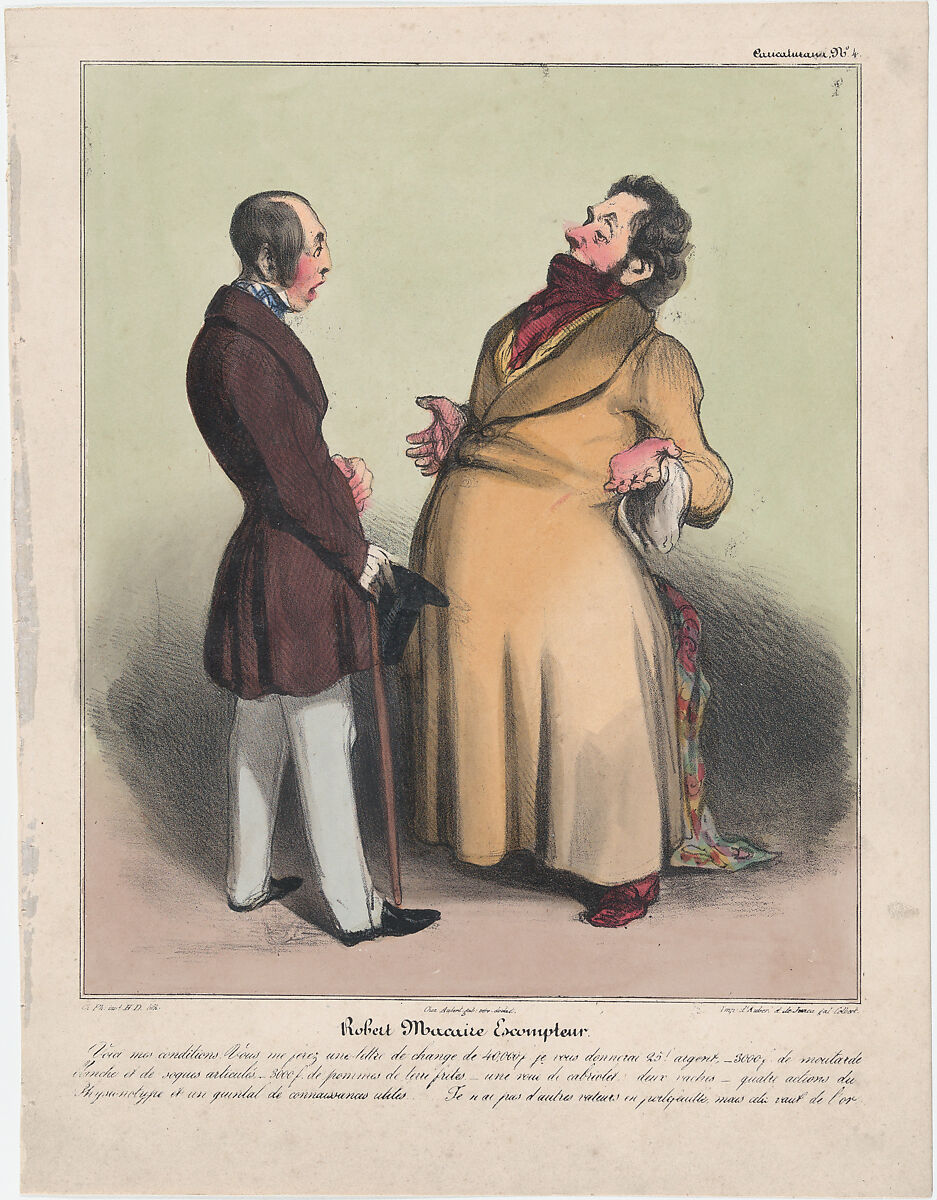 Plate 4: Robert Macaire, discount broker, from 'Caricaturana,' published in Les Robert Macaires, Honoré Daumier (French, Marseilles 1808–1879 Valmondois), Color lithograph on wove paper; third state of three (Delteil) 