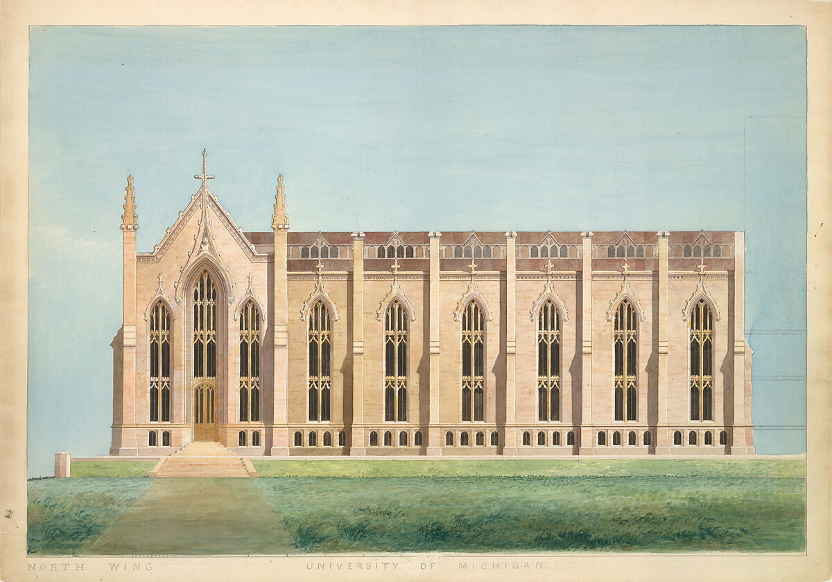 Design for the North Wing of the Library and Chapel Building at the University of Michigan, Ann Arbor, Alexander Jackson Davis (American, New York 1803–1892 West Orange, New Jersey), Pen and ink over graphite, watercolor 