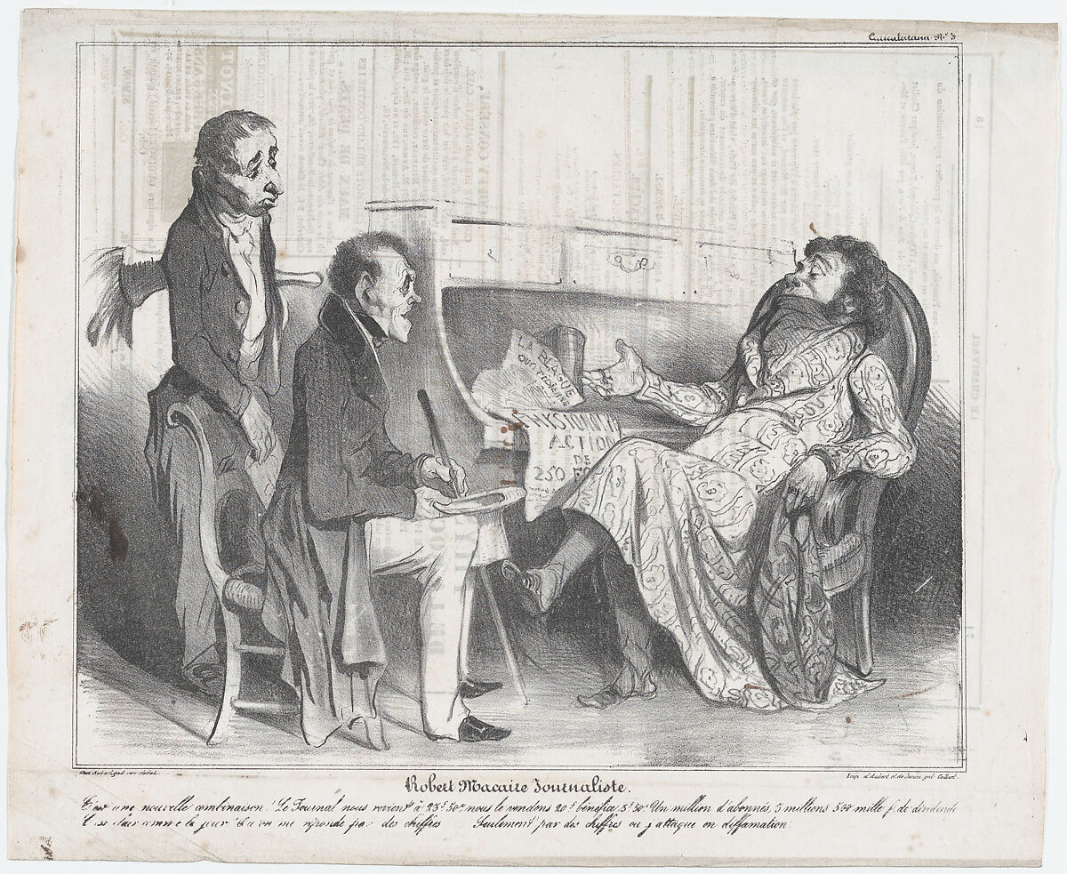 Plate 3: Robert Macaire, journalist, from 'Caricaturana,' published in Le Charivari, September 10, 1836, Honoré Daumier (French, Marseilles 1808–1879 Valmondois), Lithograph on newsprint; second state of three (Delteil) 