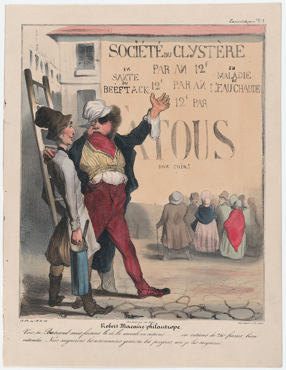 Plate 2: Robert Macaire, philanthropist, from 'Caricaturana,' published in Les Robert Macaires, Honoré Daumier (French, Marseilles 1808–1879 Valmondois), Color lithograph on wove paper; fourth state of five (Delteil) 