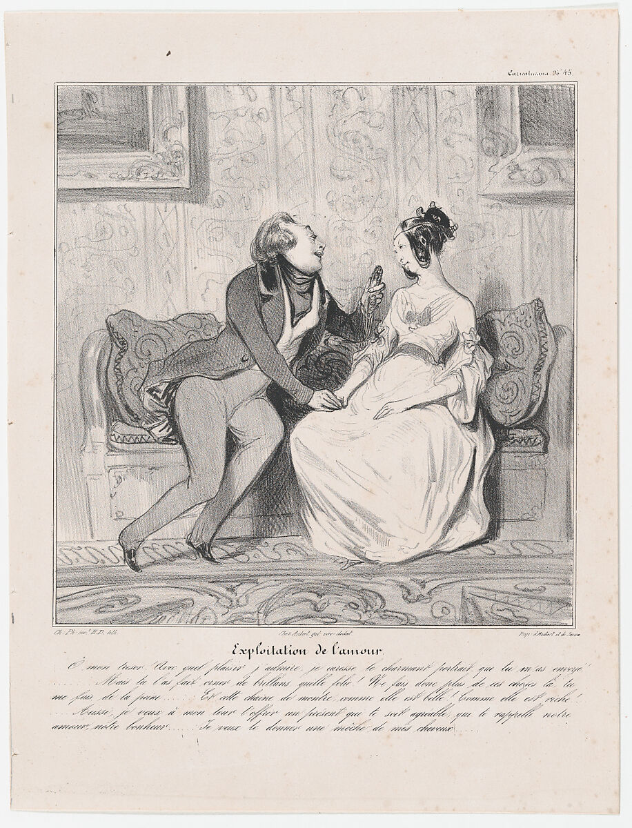 Plate 45: Exploitation of love, from 'Caricaturana,' published in Les Robert Macaires, Honoré Daumier (French, Marseilles 1808–1879 Valmondois), Lithograph on wove paper; second state of two (Delteil) 