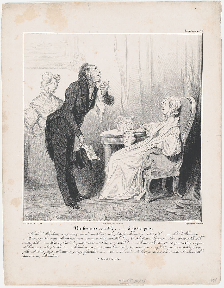 Plate 43: A man of sensitivity at the right price, from 'Caricaturana,' published in Les Robert Macaires, Honoré Daumier (French, Marseilles 1808–1879 Valmondois), Lithograph on wove paper; first state of two (Delteil) 