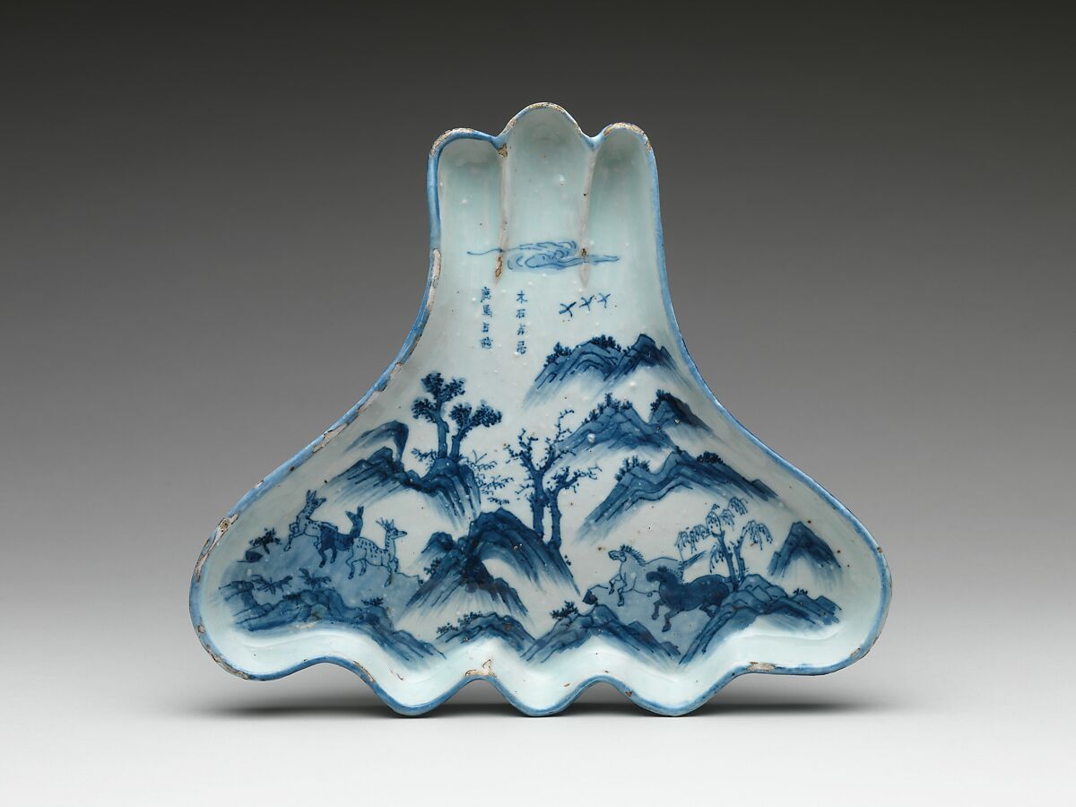 Dish in Shape of Mount Fuji with Horses and Deer, Porcelain painted with cobalt blue under transparent glaze (Jingdezhen ware), China 