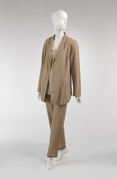 Ensemble, Calvin Klein (American, founded 1968), (a) linen, synthetic, (b) linen, (c) linen, (d) silk, (e) silk, American 