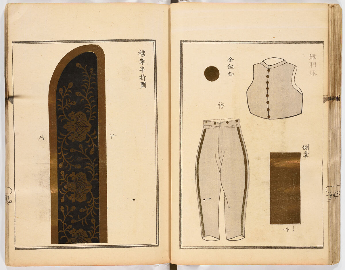 Dai fukusei hyōizu (Illustrated Manual of Men’s Formal Court Uniform Making), Woodblock-printed book; ink and gold on paper, Japan