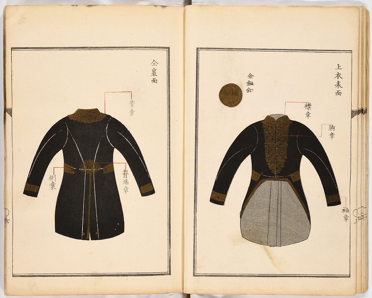 Dai fukusei hyōizu (Illustrated Manual of Men’s Formal Court Uniform Making), Woodblock-printed book; ink and gold on paper, Japan
