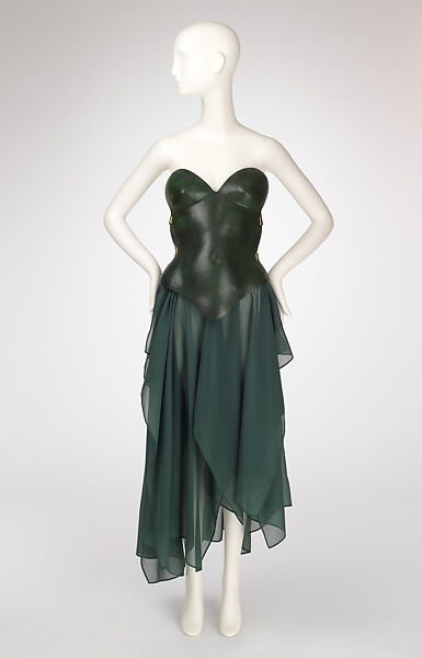 Ensemble, Mugler (French, founded 1974), (a) fiberglass, leather; (b) silk, French