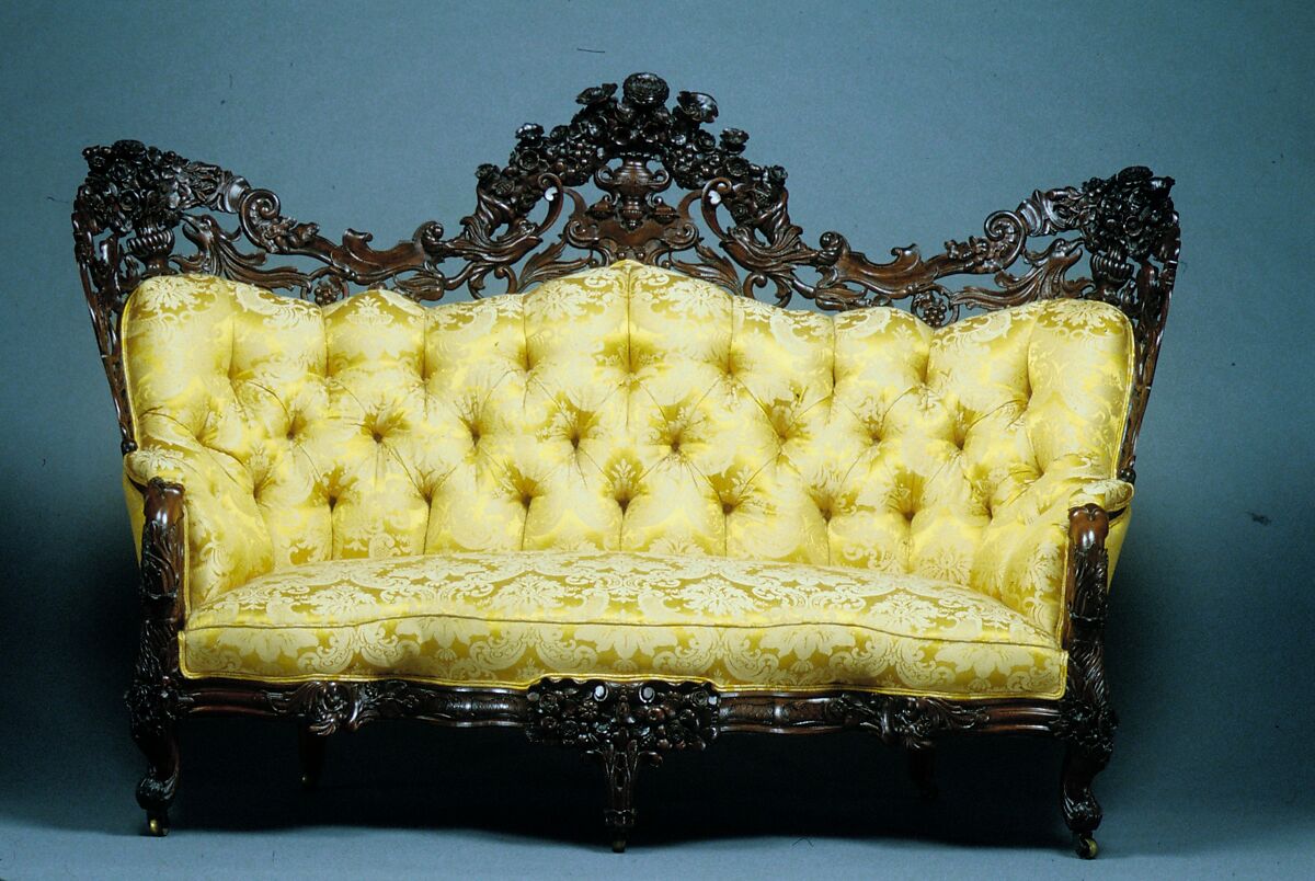 Sofa, John Henry Belter (American, born Germany 1804-1863 New York), Rosewood, Rosewood veneer; chestnut, pine (secondary woods); modern upholstery with some original underupholstery, American