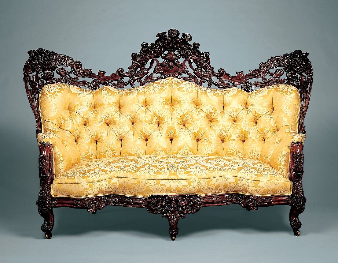 Sofa, John Henry Belter (American, born Germany 1804-1863 New York), Rosewood, Rosewood veneer; chestnut, pine (secondary woods); modern upholstery with some original underupholstery, American