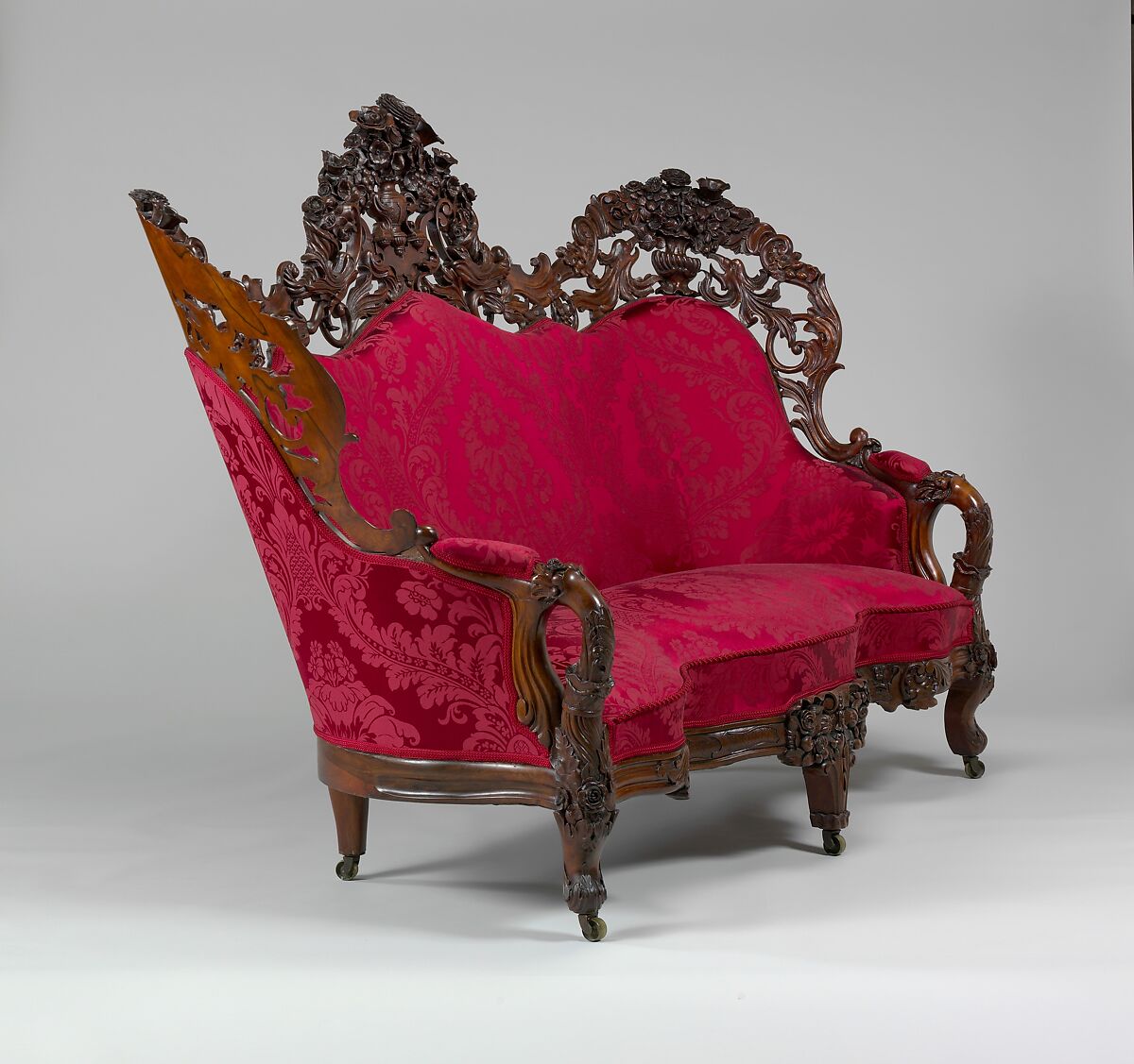 Sofa, John Henry Belter (American, born Germany 1804-1863 New York), Rosewood, Rosewood veneer; chestnut, pine (secondary woods); modern upholstery with some original underupholstery, American