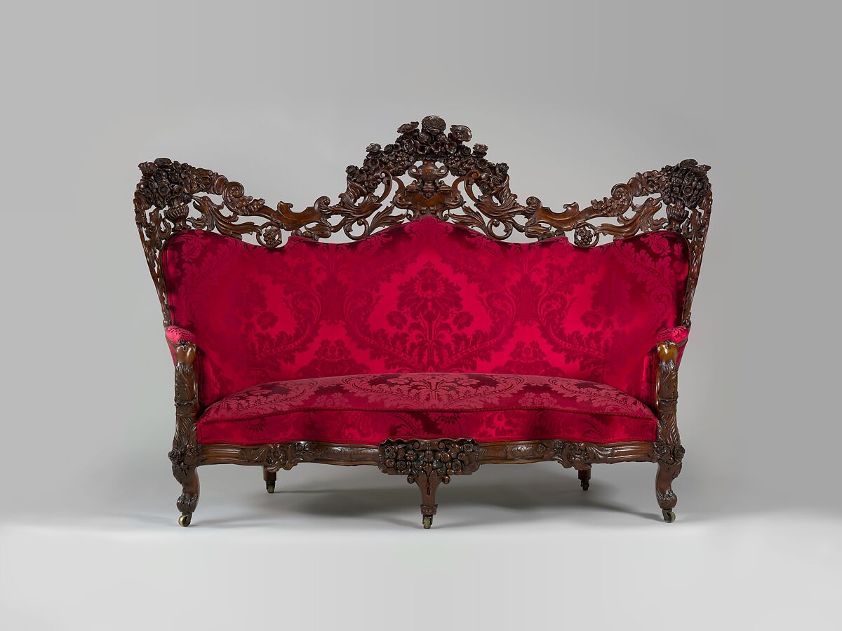 Sofa, John Henry Belter (American, born Germany 1804-1863 New York), Rosewood, Rosewood veneer; chestnut, pine (secondary woods); modern upholstery with some original underupholstery, American 