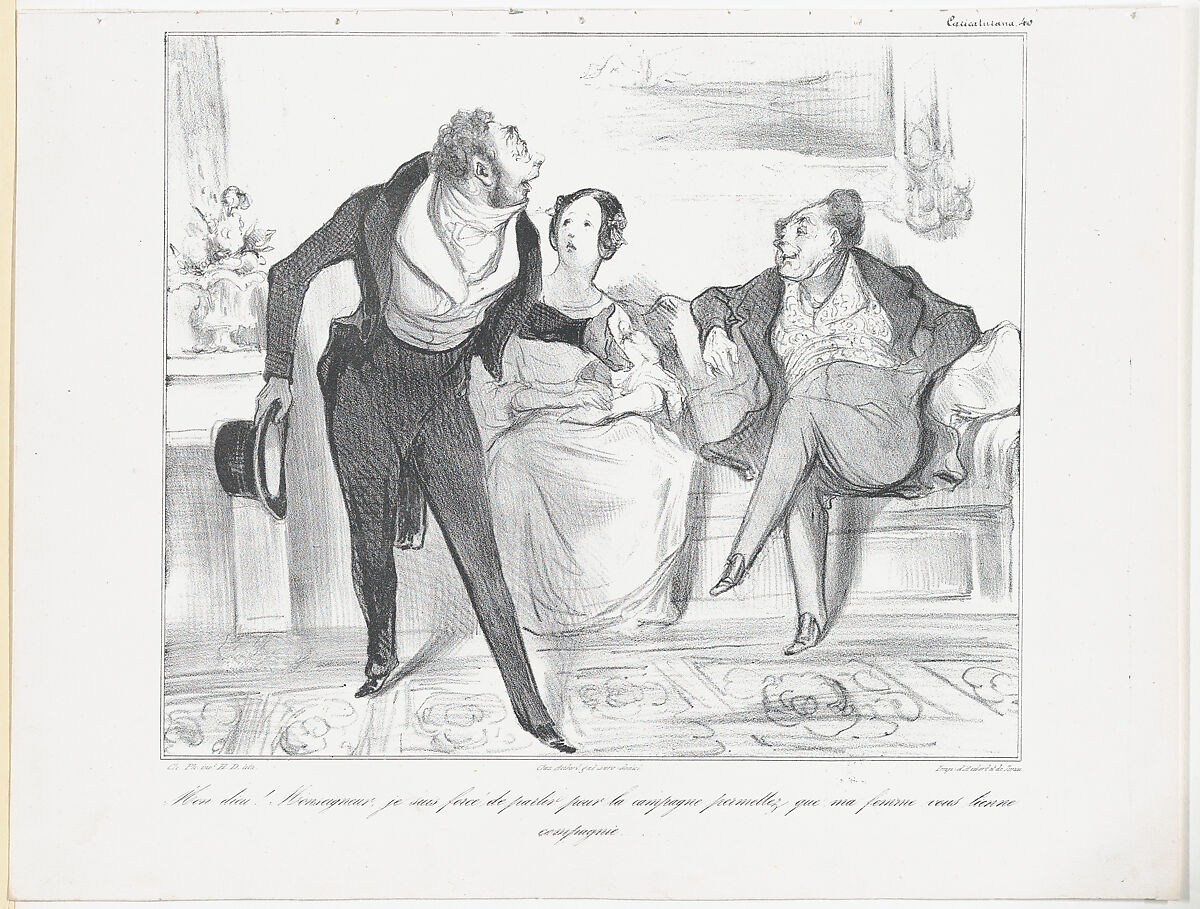 Plate 40: My God! Monseigneur, I am forced to leave for the countryside, allow me to leave my wife behind to keep you company, from 'Caricaturana,' published in Les Robert Macaires, Honoré Daumier (French, Marseilles 1808–1879 Valmondois), Lithograph on wove paper; second state of two (Delteil) 