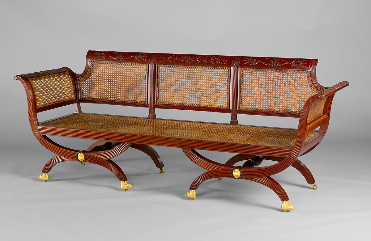 Sofa, Attributed to Duncan Phyfe (American (born Scotland), near Lock Fannich, Ross-Shire, Scotland 1768/1770–1854 New York), Mahogany, tulip poplar, cane, gilded brass, American