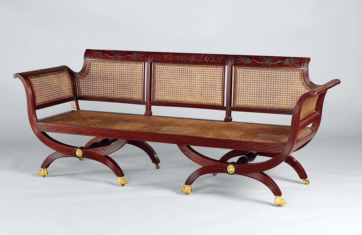 Sofa, Attributed to Duncan Phyfe (American (born Scotland), near Lock Fannich, Ross-Shire, Scotland 1768/1770–1854 New York), Mahogany, tulip poplar, cane, gilded brass, American