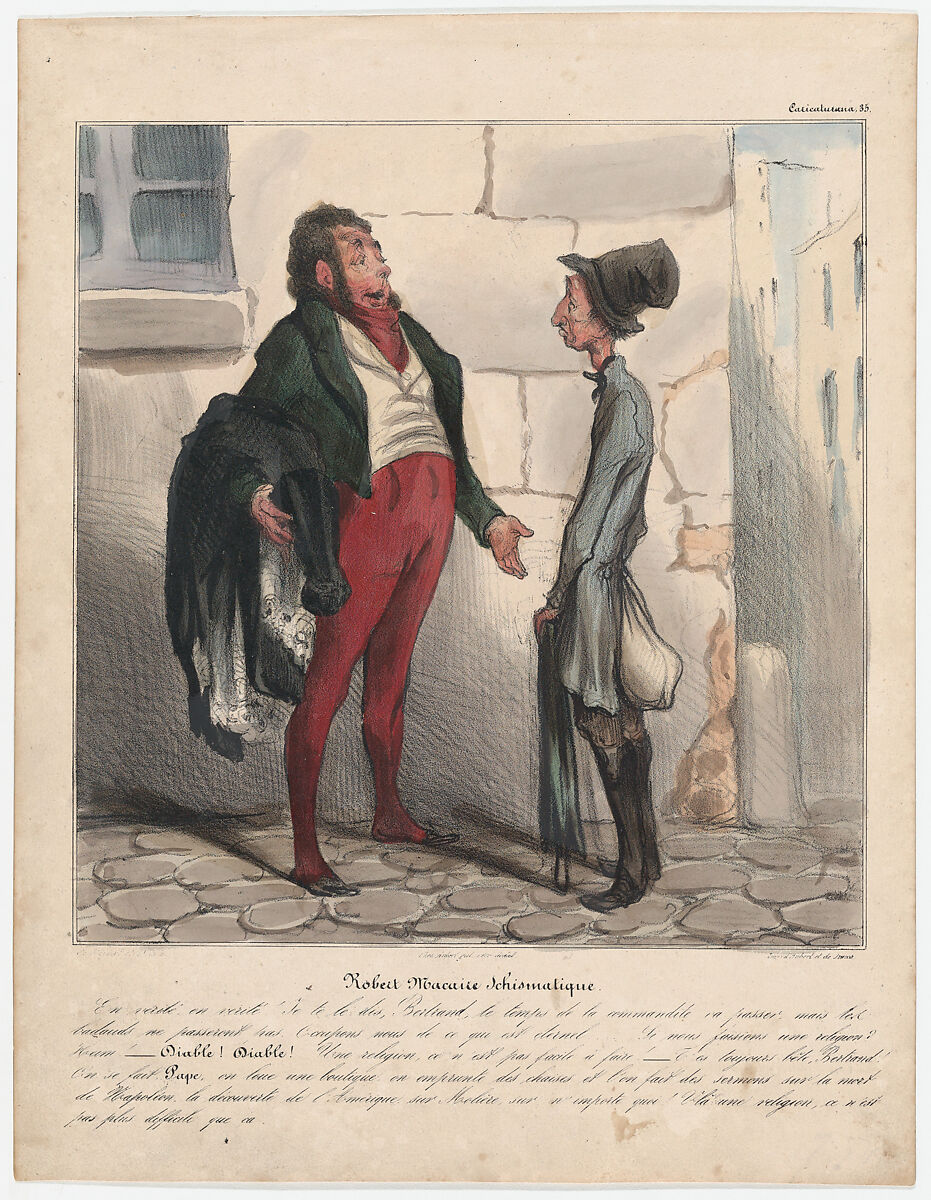 Plate 35: Robert Macaire schismatic, from 'Caricaturana,' published in Les Robert Macaires, Honoré Daumier (French, Marseilles 1808–1879 Valmondois), Color lithograph on wove paper; second state of two (Delteil) 