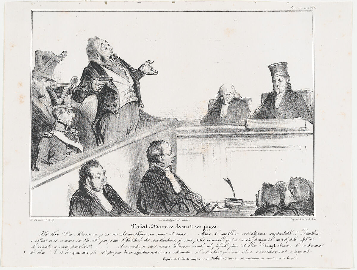 Plate 30: Robert Macaire before his judges, from 'Caricaturana,' published in Les Robert Macaires, Honoré Daumier (French, Marseilles 1808–1879 Valmondois), Lithograph on wove paper; second state of two (Delteil) 