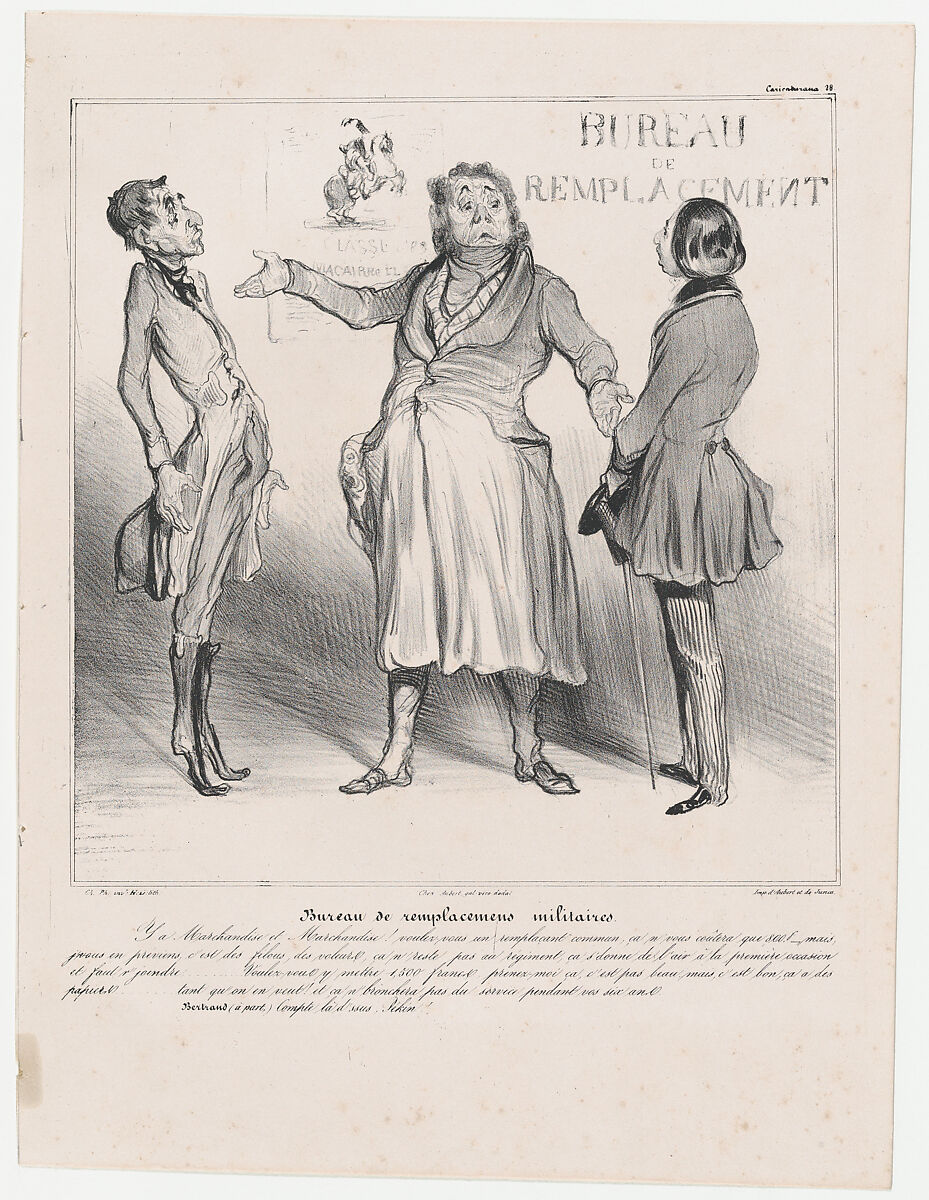 Plate 28: Conscript replacement agency, from 'Caricaturana,' published in Les Robert Macaires, Honoré Daumier (French, Marseilles 1808–1879 Valmondois), Lithograph on wove paper 