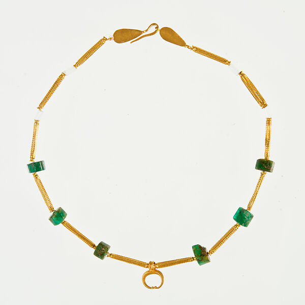 Necklace with lunar crescent pendant, Gold, emeralds 