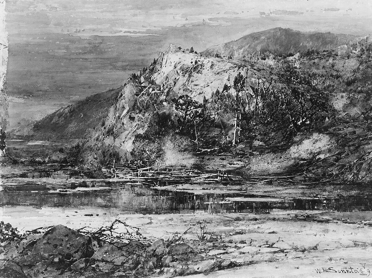 Landscape with Rocky Hills and Stream, William Louis Sonntag (1822–1900), Gouache and watercolor on off-white wove paper, American 